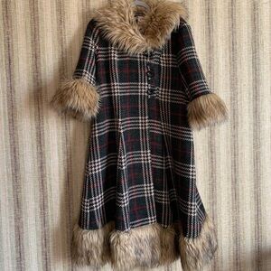 Vintage BANNED Plaid Faux Fur Trim Trench Coat Jacket Chic Fashion Designer